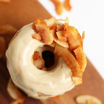 Overhead shot of Maple Doughnuts with Coconut Bacon