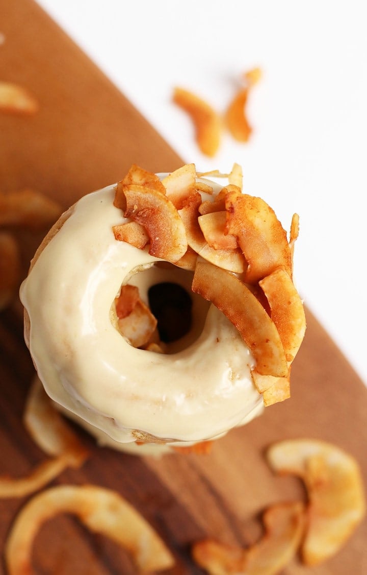 Overhead shot of Maple Doughnuts with Coconut Bacon