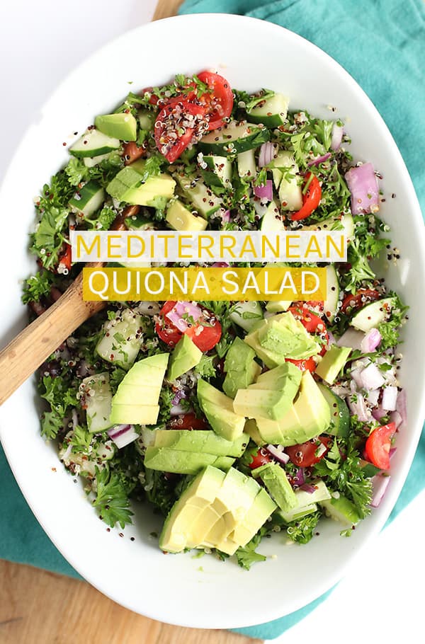 This Mediterranean Quinoa Salad is made with fresh herbs and vegetables and topped with a lemon dressing for a refreshing and hearty summertime salad.