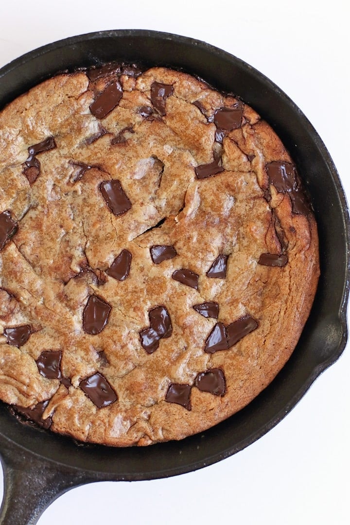 Chocolate Chip Skillet Cookie in a cast iron skillet