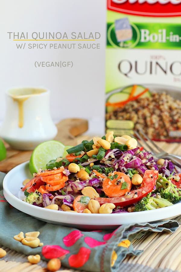 You're going to love this Thai Quinoa Salad! It is made with tri-color quinoa, fresh vegetables, and spicy peanut sauce for a delicious and healthy vegan and gluten-free meal.