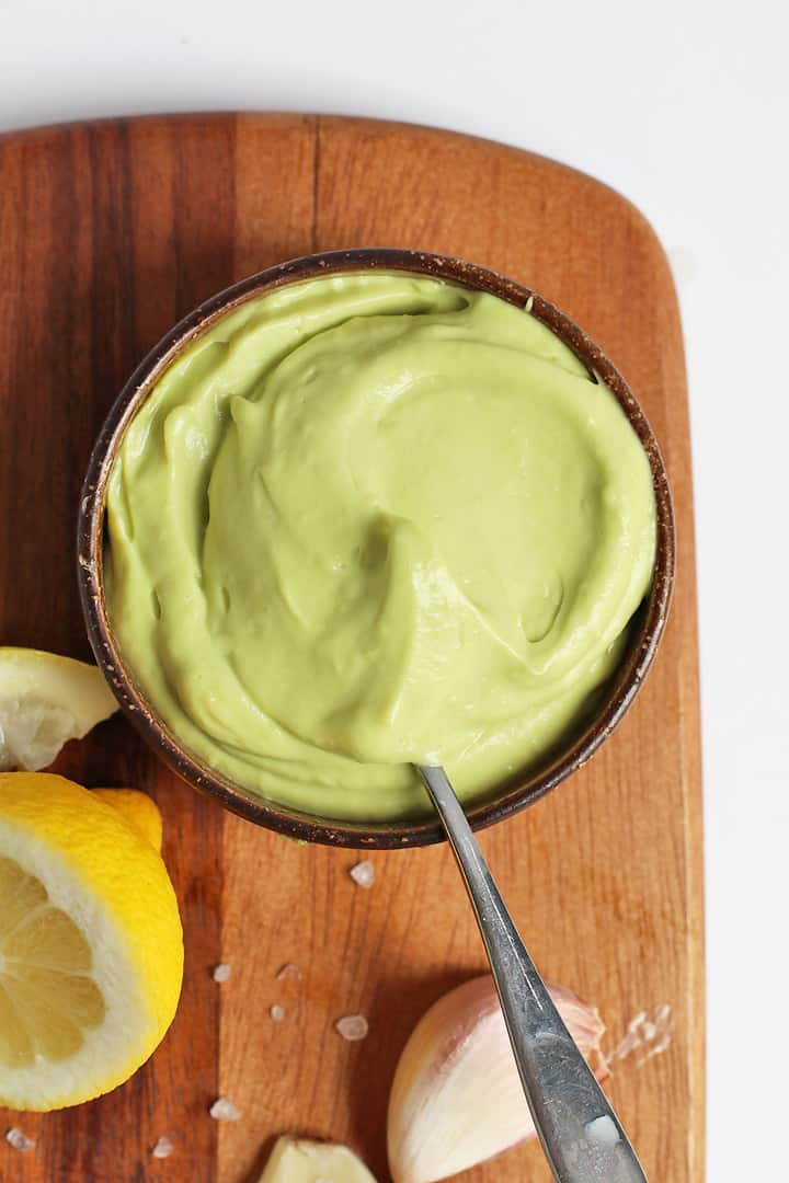 Avocado Mayo in a small bowl with a spoon