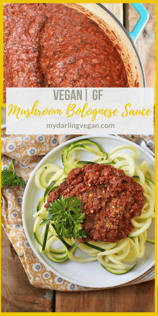 Vegan Mushroom Bolognese! This vegetarian mushroom bolognese sauce is filled with flavor and served with zucchini noodles for a delicious vegan, gluten and grain-free dinner.