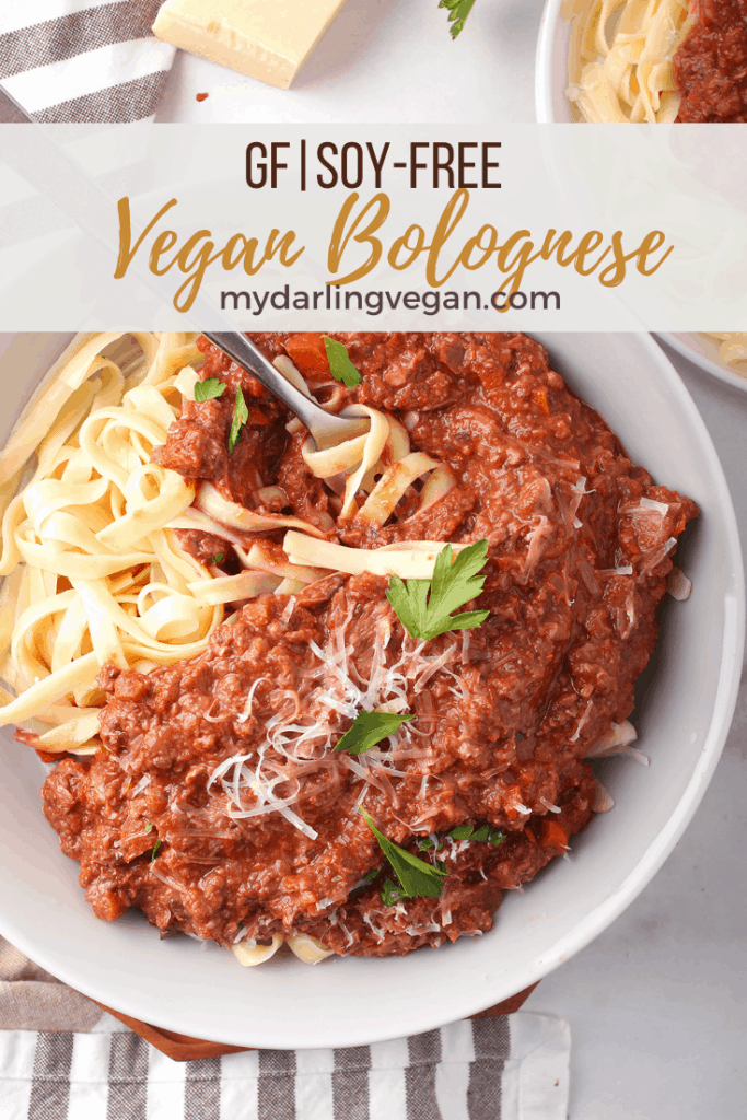 Vegan Bolognese Sauce! This vegetarian mushroom bolognese sauce is filled with hearty vegetables and rich flavor for a delicious vegan meal. Serve it over gluten-free pasta or zucchini noodles for a low carb option!