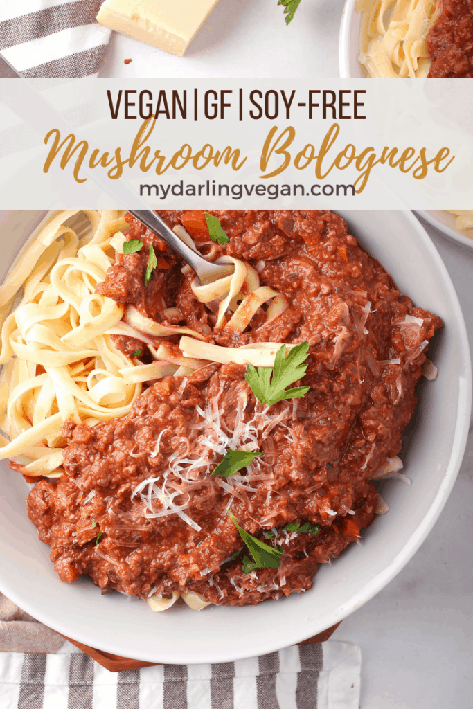 Vegan Bolognese Sauce! This vegetarian mushroom bolognese sauce is filled with hearty vegetables and rich flavor for a delicious vegan meal. Serve it over gluten-free pasta or zucchini noodles for a low carb option!