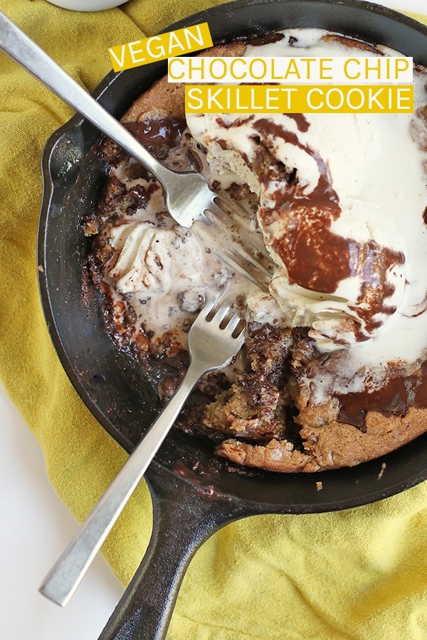 This no-mess, easy, vegan Skillet Chocolate Chip Cookie can be made in under 10 minutes for a satisfying dessert for the whole family. #dessert #cookies #vegandessert #skilletcookie #vegancookies #baking #mydarlingvegan