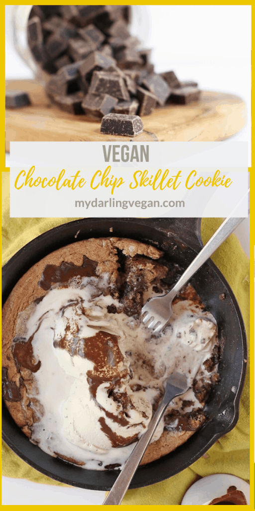 This no-mess, easy, vegan Skillet Chocolate Chip Cookie can be made in under 10 minutes for a satisfying dessert for the whole family.