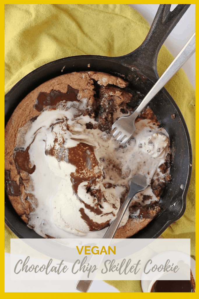 This no-mess, easy, vegan Skillet Chocolate Chip Cookie can be made in under 10 minutes for a satisfying dessert for the whole family.