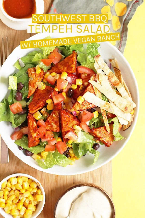 This Southwest BBQ Tempeh Salad is made with baked Tempeh, fresh vegetables, and homemade vegan ranch dressing for a delicious and refreshing summer salad. #vegan #vegetarian #salad #BBQ #tempeh #glutenfree #healthyrecipes #veganBBQ #summersalad #mydarlingvegan