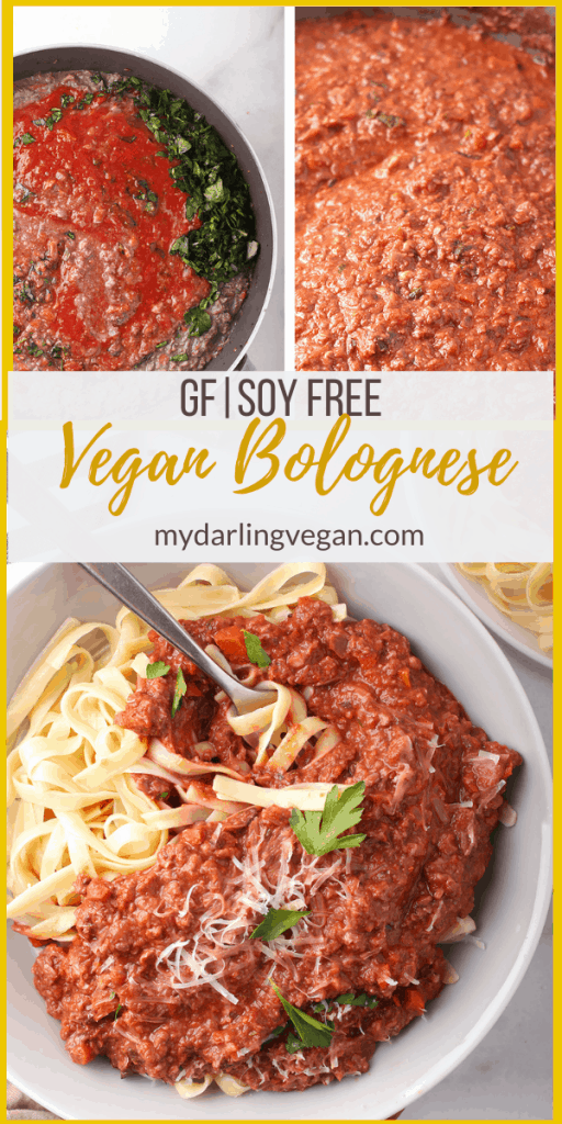 Vegan Bolognese Sauce! This vegetarian mushroom bolognese sauce is filled with hearty vegetables and rich flavor for a delicious vegan meal. Serve it over gluten-free pasta or zucchini noodles for a low carb option!