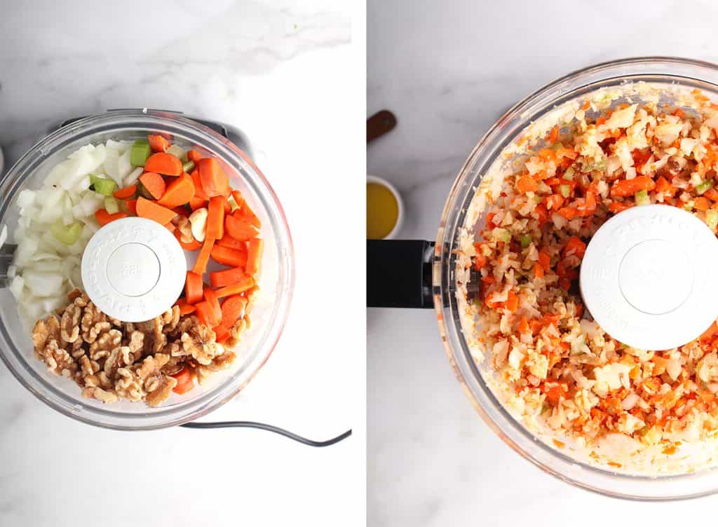 Carrots, celery, onions, and walnuts in a food processor