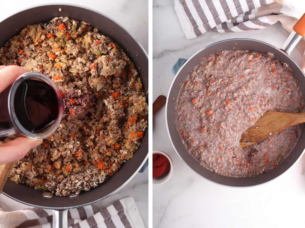 Mushroom bolognese sauce in a large sauce pan