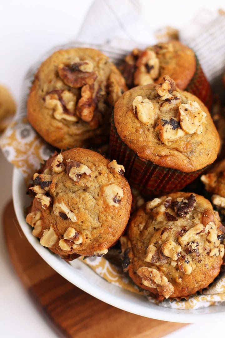 Basket of finished banana nut muffins