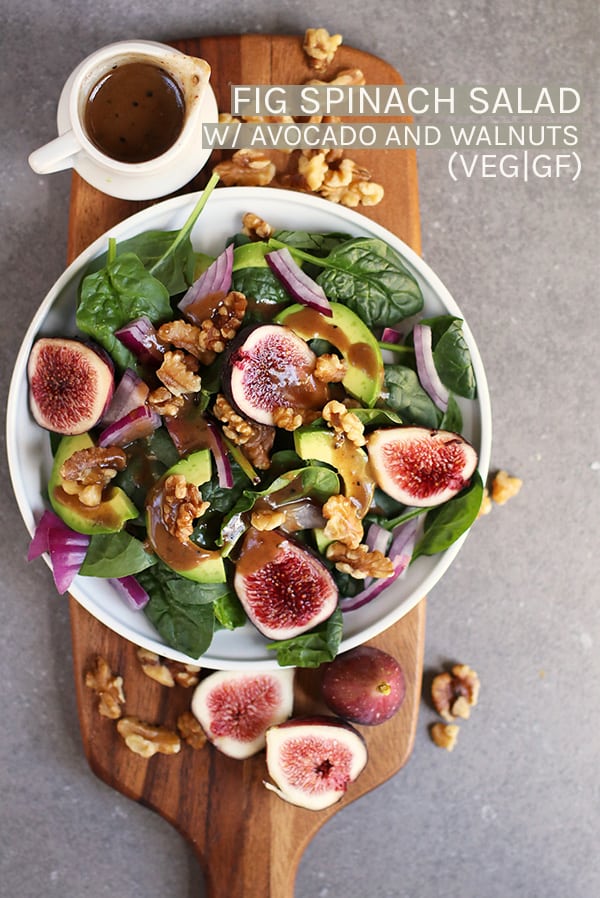This Spinach Fig Salad is made with fresh figs, avocado, toasted walnuts, and homemade balsamic vinaigrette for a delicious fall salad that will fill you up. #vegan #vegetarian #salads #figs #fallrecipes #fallsalads #spinach #healthy #glutenfreerecipes #mydarlingvegan