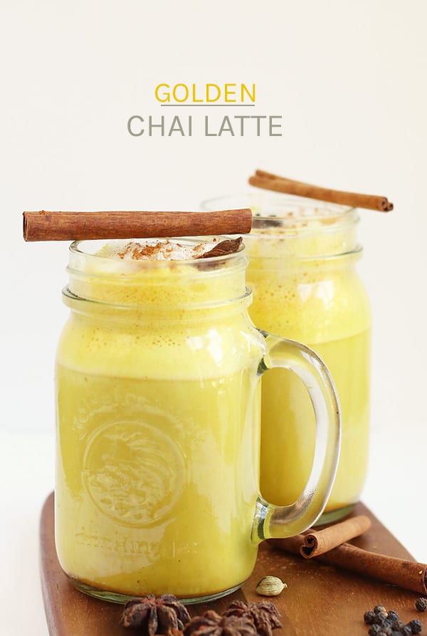 Start your morning with this Golden Chai Latte. It is made with black tea, whole spices, and a hint of turmeric for a sweet and spicy morning drink filled with health benefits and fantastic flavor.