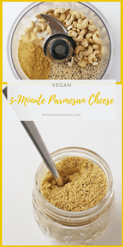 Make your own Vegan Parmesan Cheese at home with just 5 simple ingredients for a salty and savory cheese to sprinkle on everything.