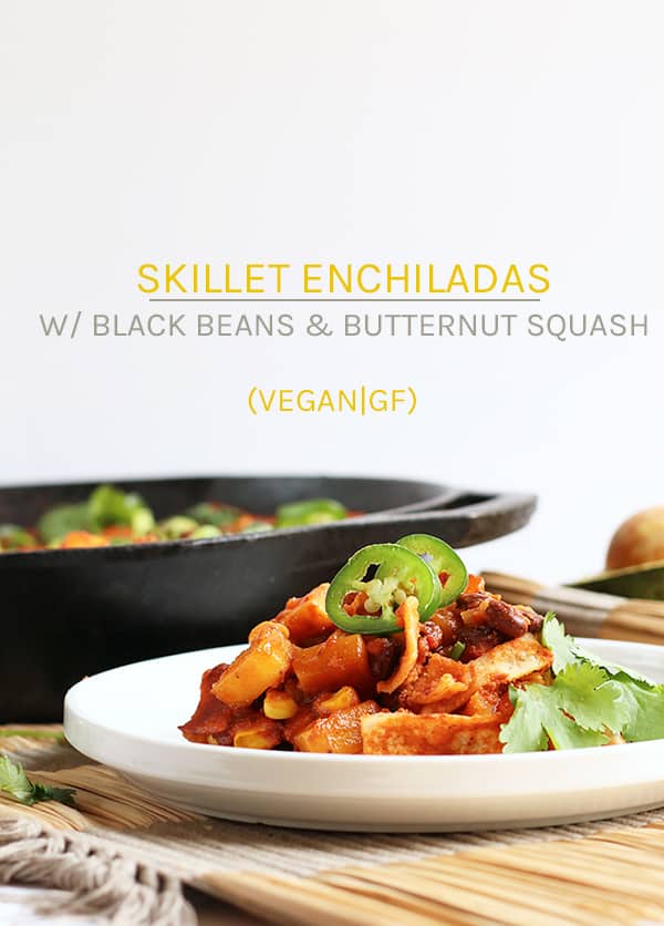 Dinner is made easy with this one-pot vegan enchiladas skillet recipe. It's made with butternut squash and black beans for a seasonal and hearty gluten-free dinner.