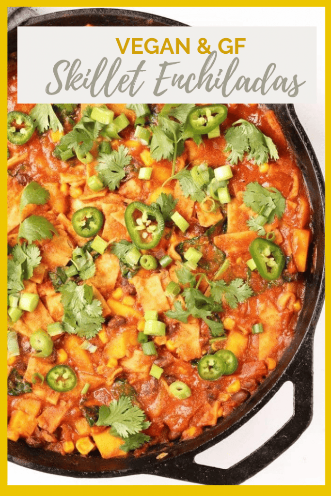 Dinner is made easy with this one-pot vegan enchiladas skillet recipe. It's made with butternut squash and black beans for a seasonal and hearty gluten-free dinner.