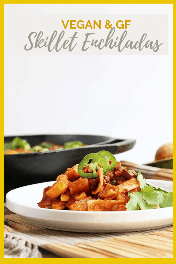 Dinner is made easy with this one-pot vegan enchiladas skillet recipe. It's made with butternut squash and black beans for a seasonal and hearty gluten-free dinner.