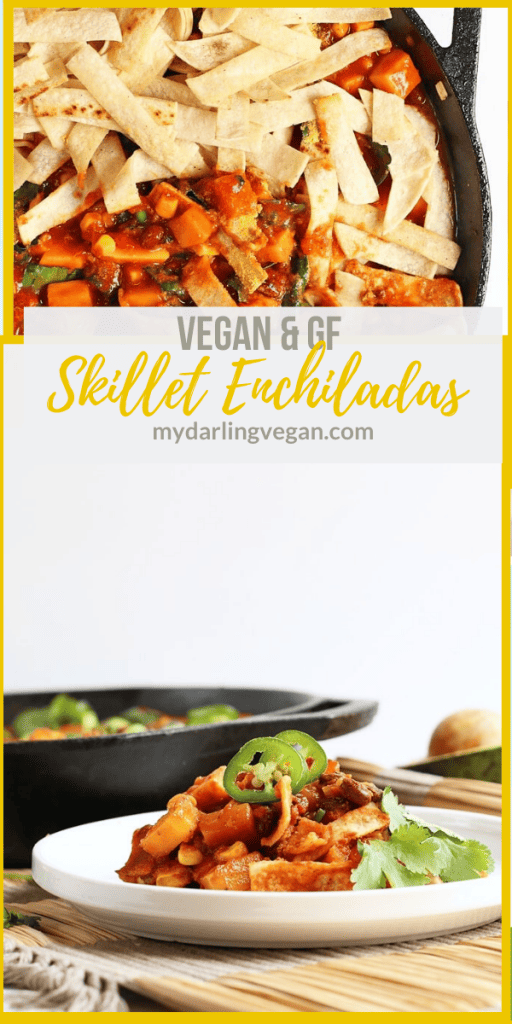 Dinner is made easy with this one-pot vegan enchiladas skillet recipe. It's made with butternut squash and black beans for a seasonal and hearty gluten-free dinner.