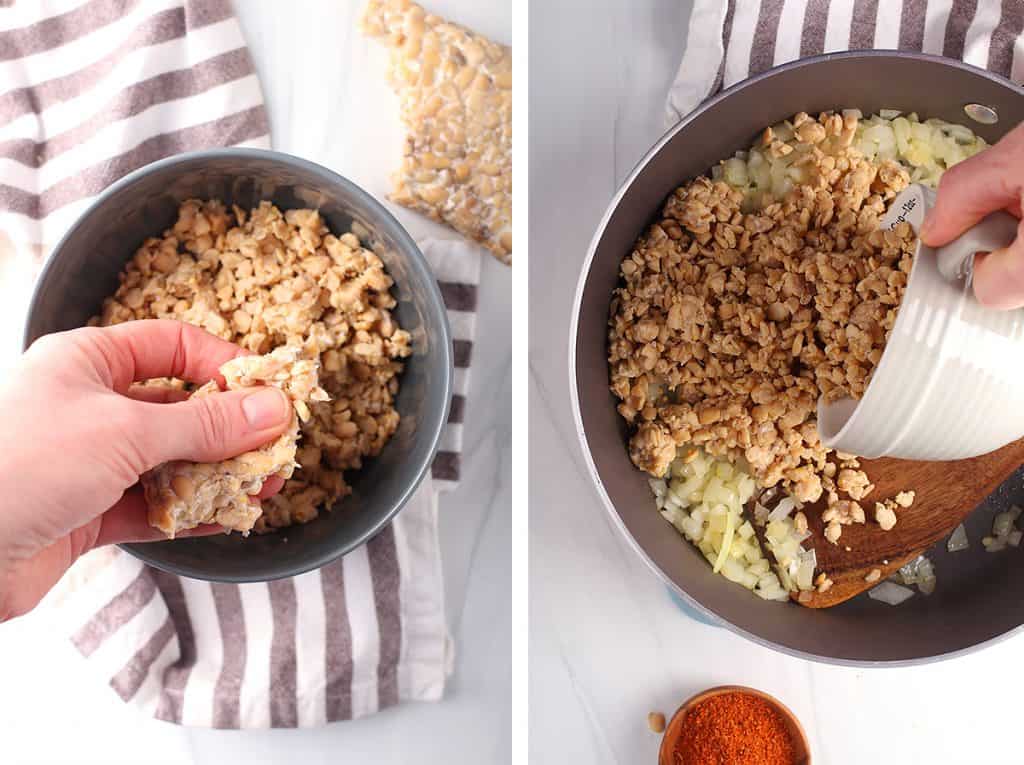 Sautéed onions and tempeh in a large skillet