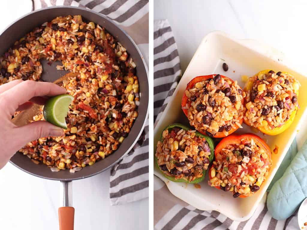 Black beans and rice stuffed into bell peppers, placed inside a baking dish. 