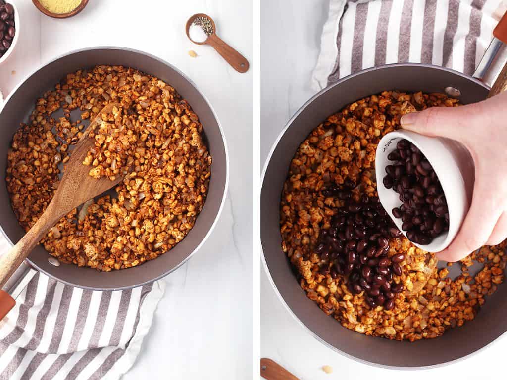 Sautéed tempeh and black beans in a large skillet