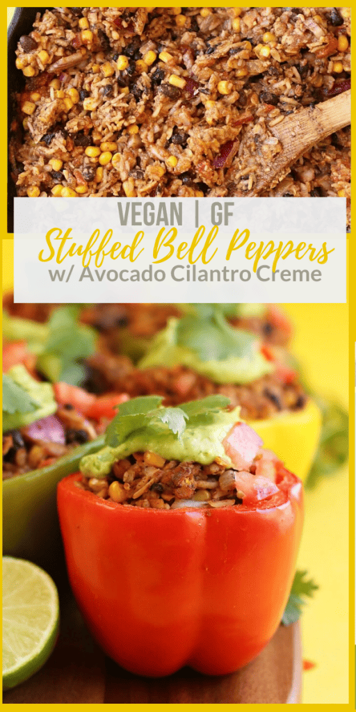These Mexican-Style Vegan Stuffed Peppers are perfect! They are filled with tempeh, corn, beans, and spices and topped with a homemade avocado cream for a delicious and healthy vegan and gluten-free meal.