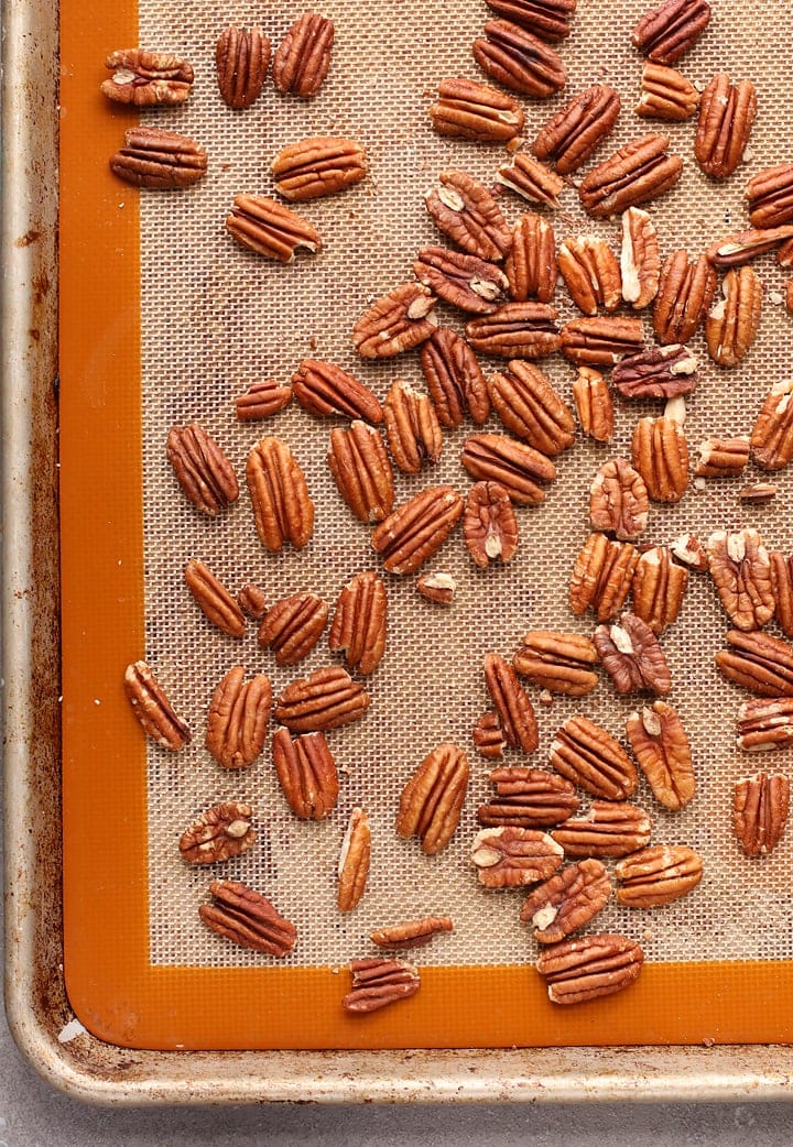 Toasted Pecans on a baking sheet