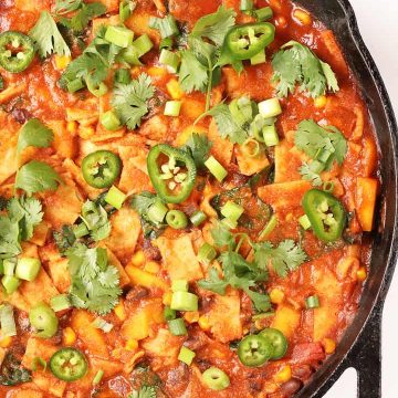 Vegan Skillet Enchiladas in a large cast iron skillet