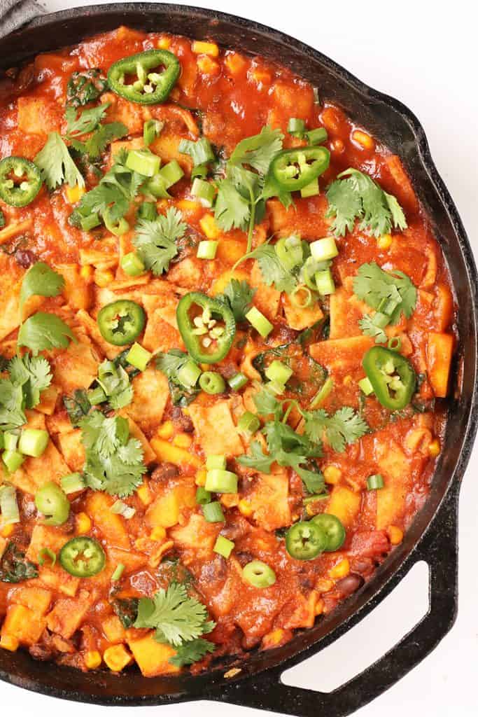 Vegan Skillet Enchiladas in a large cast iron skillet