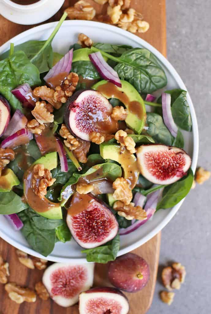 Close up of finished salad on a white plate