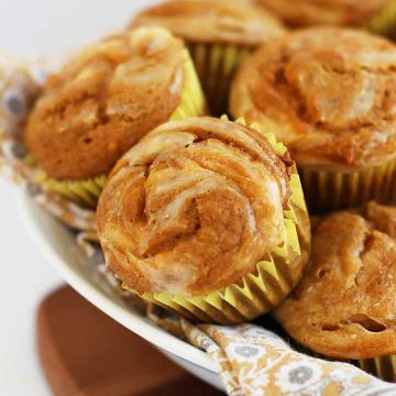 Finished muffins stacked in a bowl