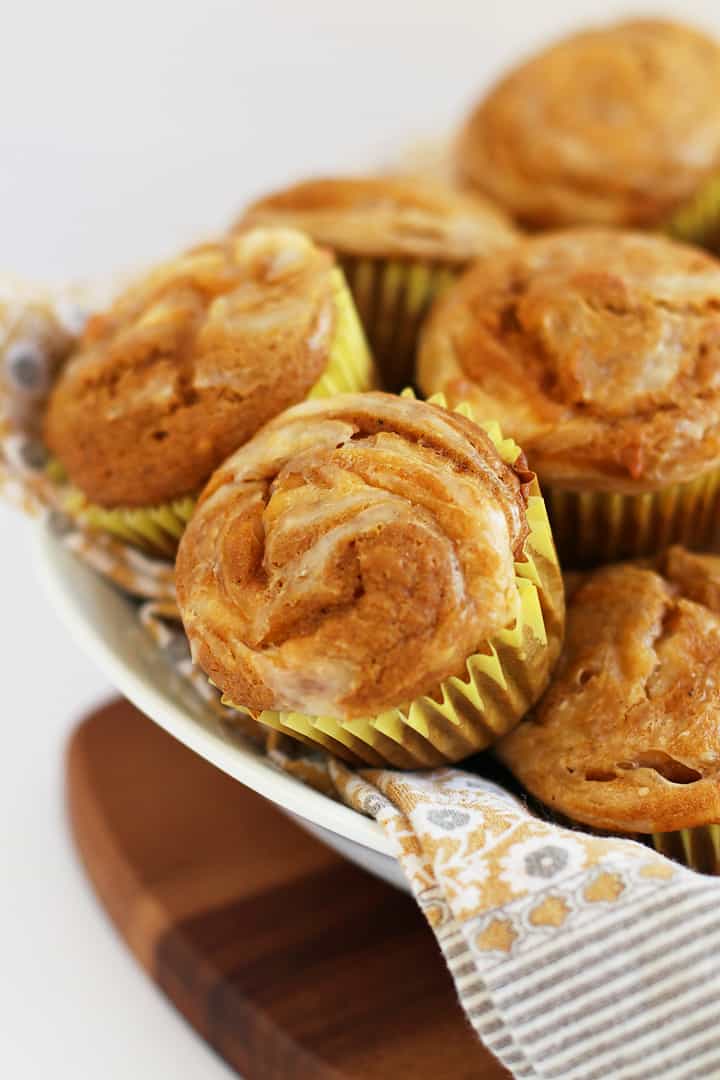 Finished muffins stacked in a bowl