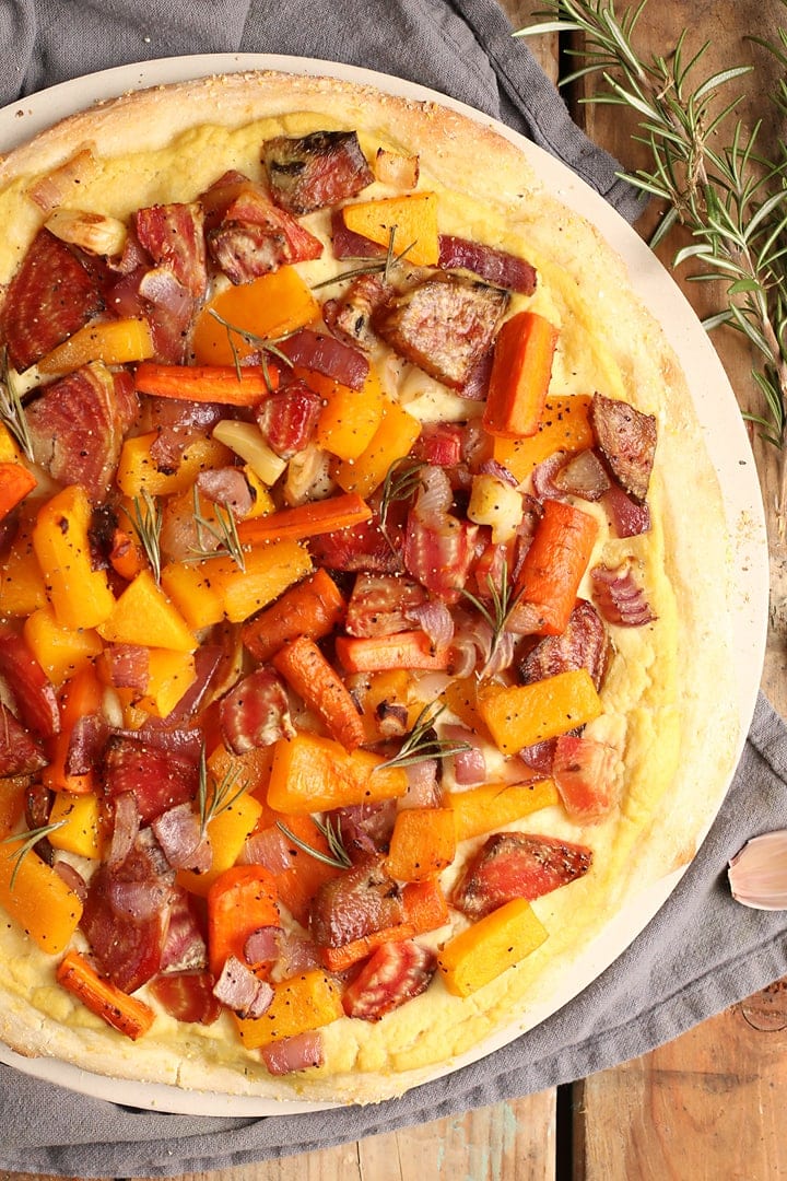 Roasted Vegetable Pizza on a pizza stone