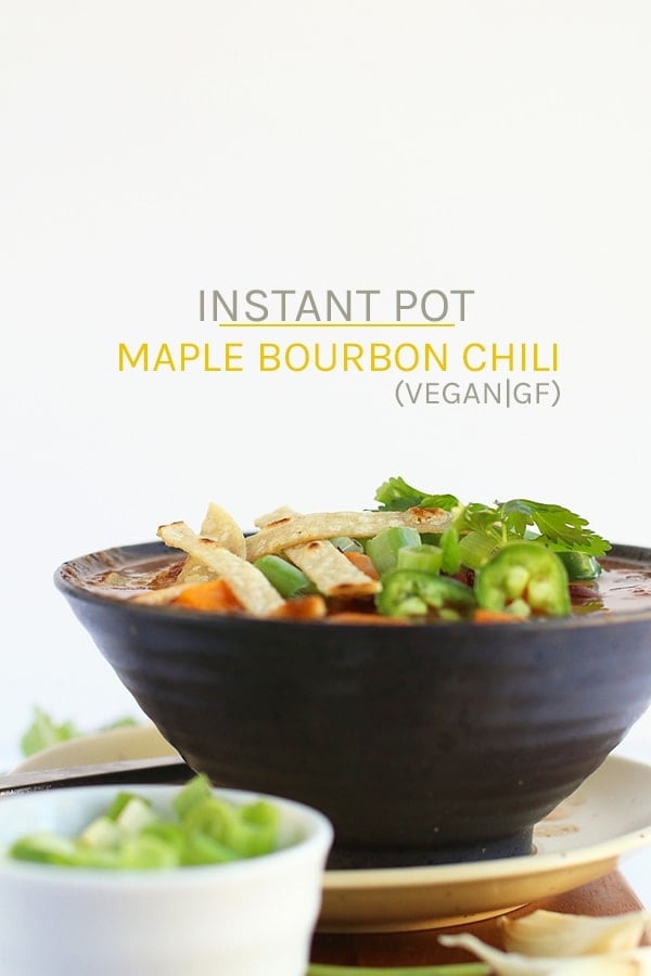 A sweet and spicy soup with a kick, this Maple Bourbon Sweet Potato Instant Pot Chili is the perfect autumnal vegan and gluten-free family meal. #vegan #vegetarian #chili #instantpot #fallrecipes #dinner #veganrecipes #mydarlingvegan