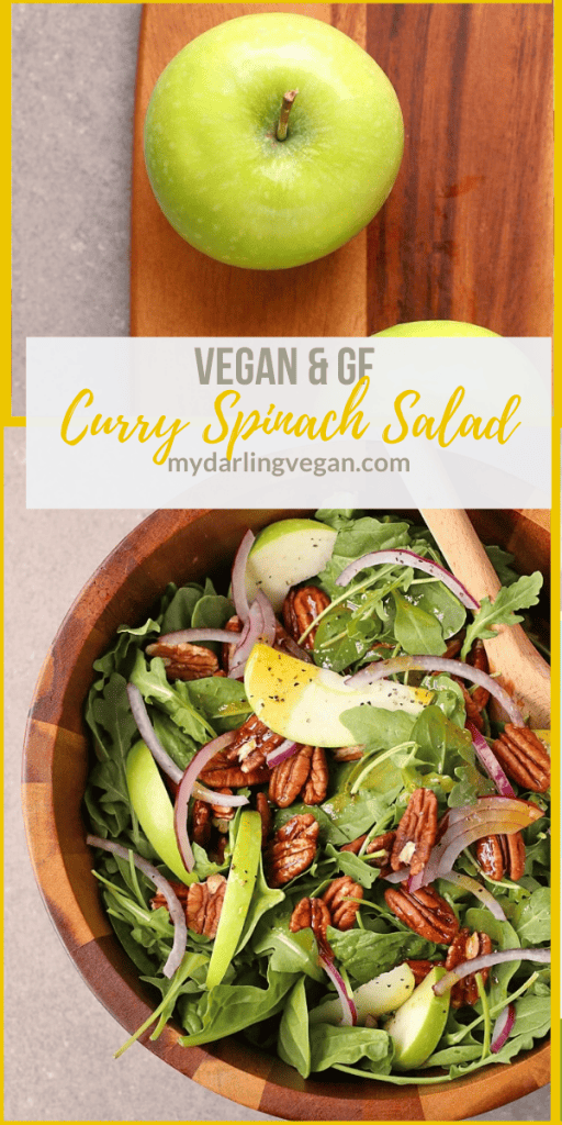 This Curry Apple Spinach Salad is the perfect fall salad. It is a mixture of spinach and arugula tossed with apples, pecans, and curry vinaigrette dressing.