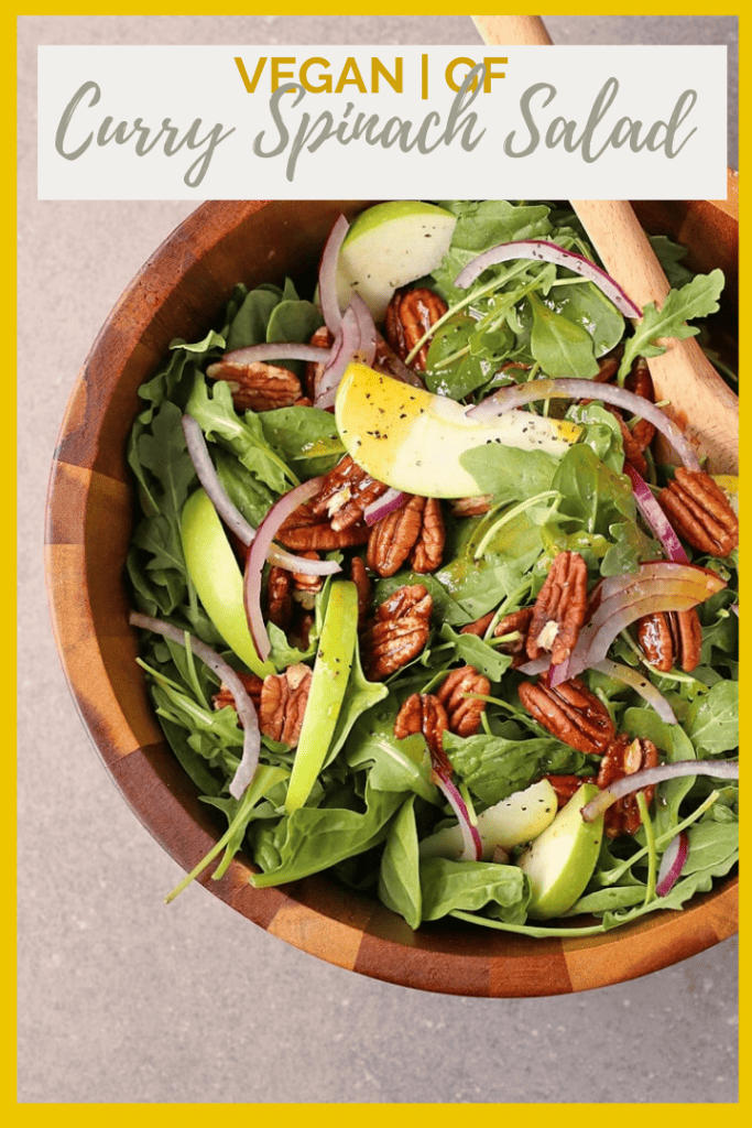 This Curry Apple Spinach Salad is the perfect fall salad. It is a mixture of spinach and arugula tossed with apples, pecans, and curry vinaigrette dressing.