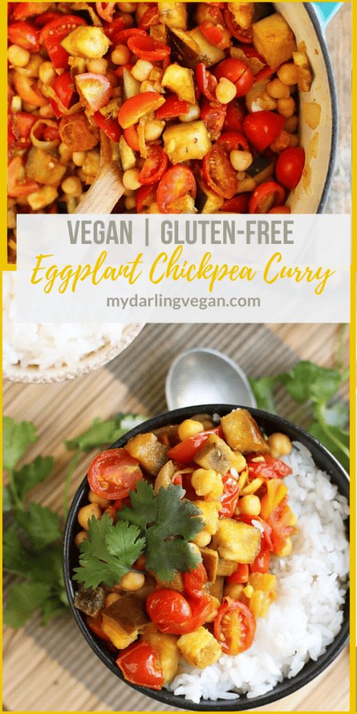 It's a delicious vegan and gluten-free Indian Eggplant Chickpea Curry. This meal can be made in under 30 minutes for an easy healthy weeknight meal the whole family will love.