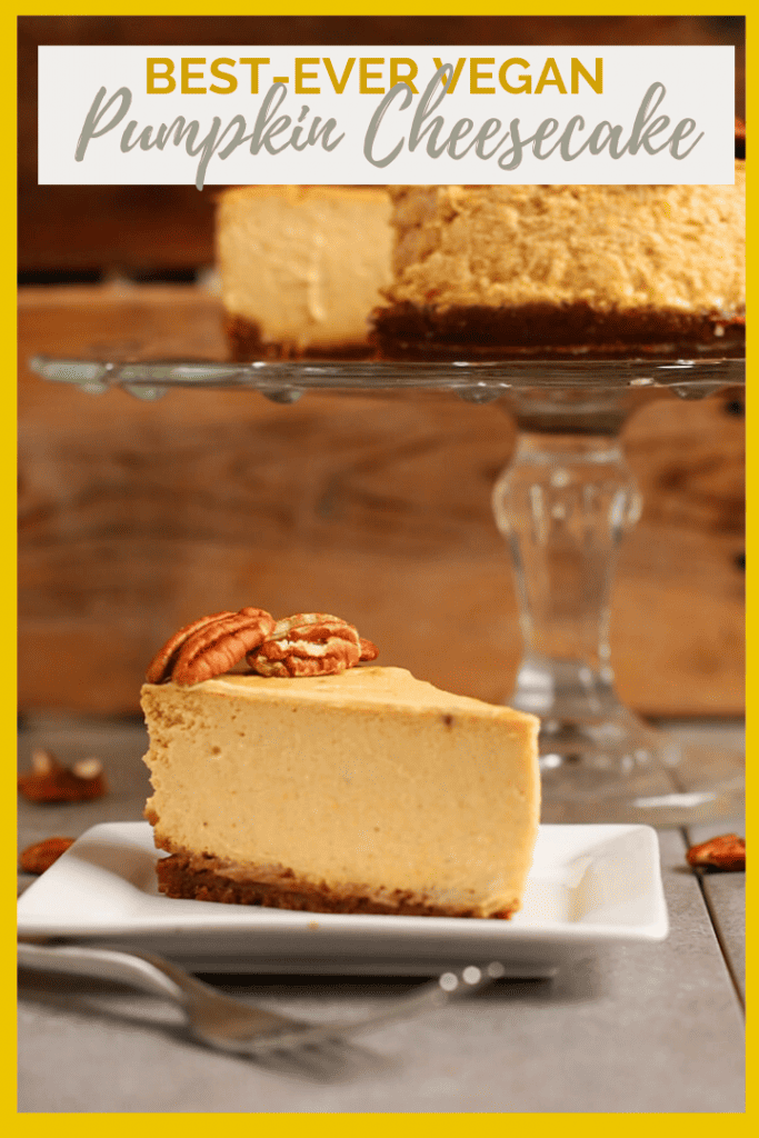 Rich and creamy vegan Pumpkin Cheesecake made with a gingersnap crust and topped with toasted pecans for the perfect vegan Thanksgiving dessert. It's so good, no one will believe it's vegan! 