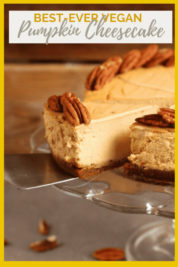 Rich and creamy vegan Pumpkin Cheesecake made with a gingersnap crust and topped with toasted pecans for the perfect vegan Thanksgiving dessert. It's so good, no one will believe it's vegan! 