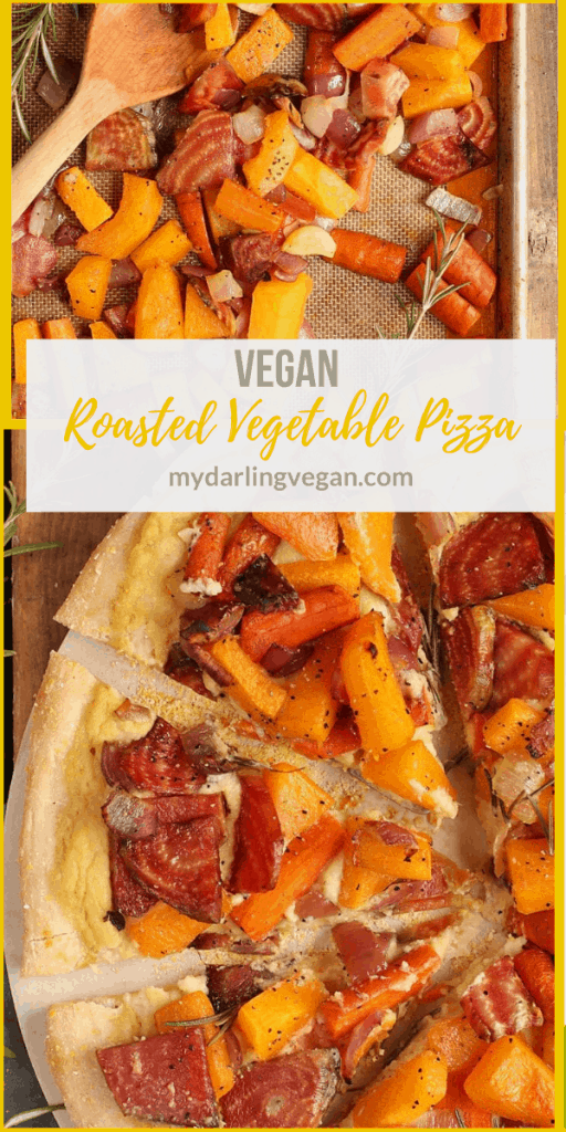 Bite into this delicious Roasted Vegetable Pizza. It's made with roasted butternut squash, beets, carrots atop a creamy vegan cauliflower Alfredo Sauce and served on a cornmeal pizza crust.