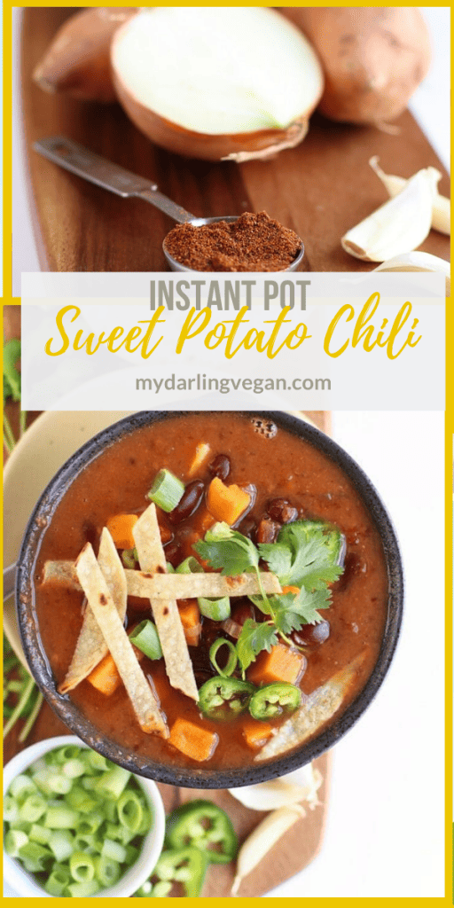 It's a sweet and spicy soup with a kick! This Maple Bourbon Sweet Potato Instant Pot Chili is the perfect autumnal vegan and gluten-free family meal.