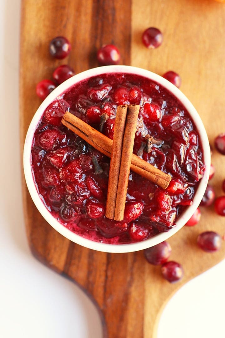 Homemade Cranberry Sauce with cinnamon sticks. 