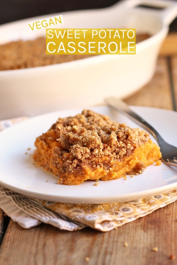 Enjoy a classic favorite this Thanksgiving with this Vegan Sweet Potato Casserole topped with a sweet and crunchy pecan crust. #vegan #sweetpotato #thanksgiving #thanksgivingrecipes #veganthanksgiving #veganholidays #mydarilngvegan