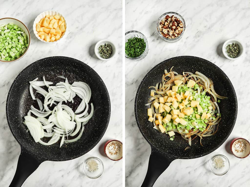 Left, white onions in a black skillet. Right, sautéed onions, apples, and celery in a black skillet. 