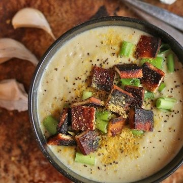 Overhead shot of finished soup with coconut bacon