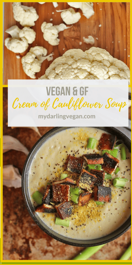 This Vegan Cream of Cauliflower Soup is so rich and creamy! It's made with cashew cream, creamy cauliflower, and nutritional yeast and topped with tofu bacon for a delicious gluten-free meal. 