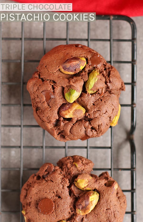 Enjoy all the decadence with these Triple Chocolate Pistachio Cookies made with Orgain Creamy Chocolate Fudge Protein Powder. #vegan #vegetarian #cookies #recipes #christmas #veganchristmas #christmascookies #mydarlingvegan