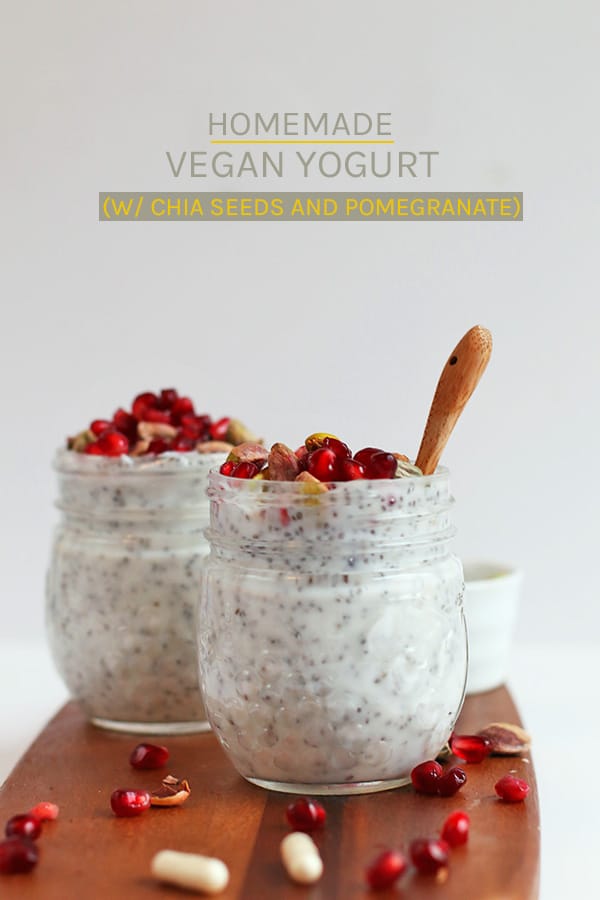 Enjoy this heart-healthy, high-protein breakfast of homemade vegan yogurt with pomegranate and pistachios this holiday season. #vegan #homemadeyogurt #yogurt #chiaseeds #pomegranate #breakfast #recipes #healthyrecipes #mydarlingvegan